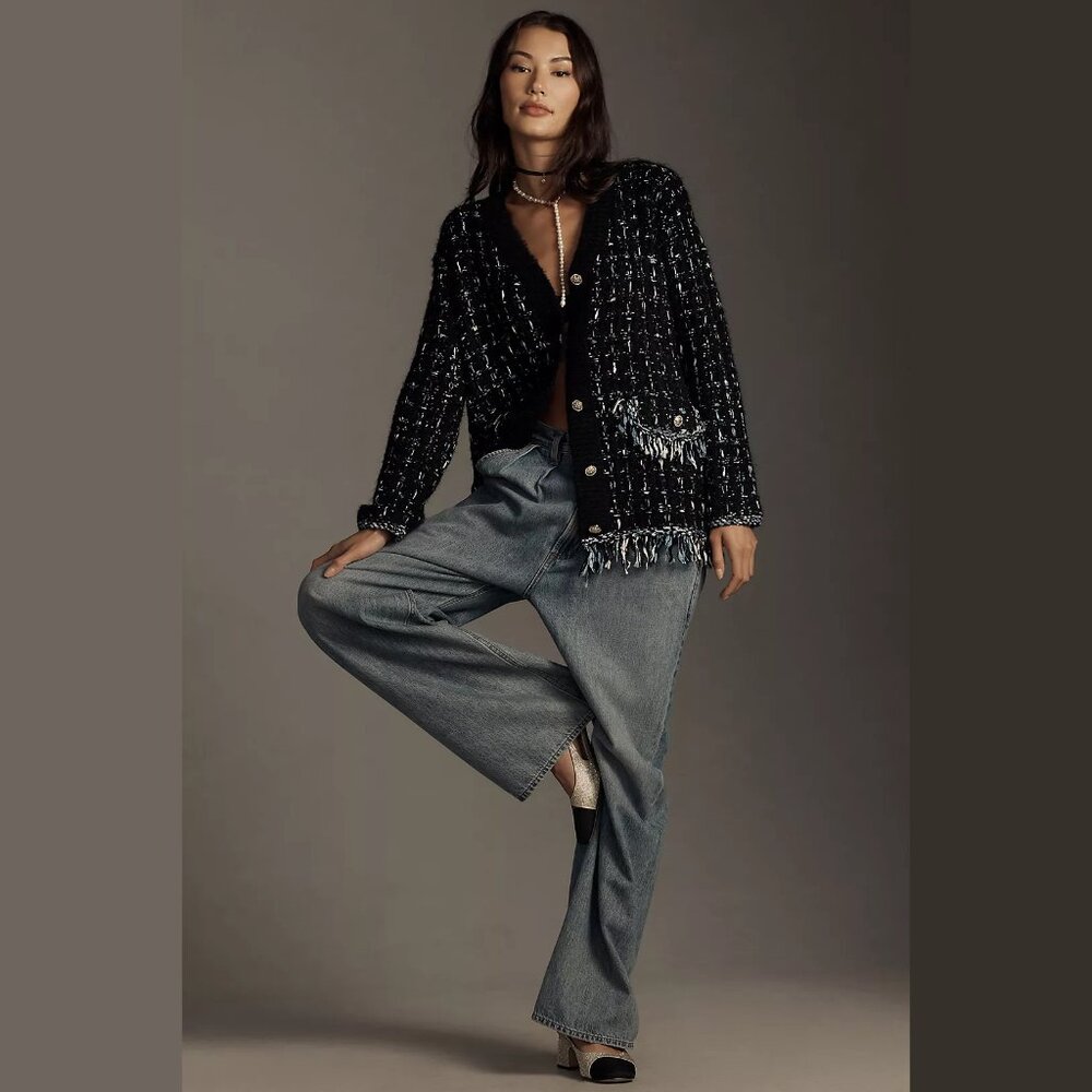 Anthropologie Black and Cream Embellished Cardigan